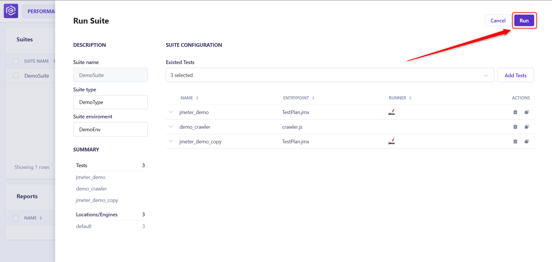 Test suite config before run